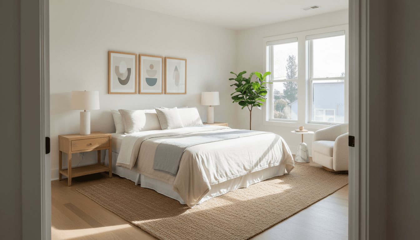 Salon lumineux et lit fait au carré dans un Airbnb propre à Lyon